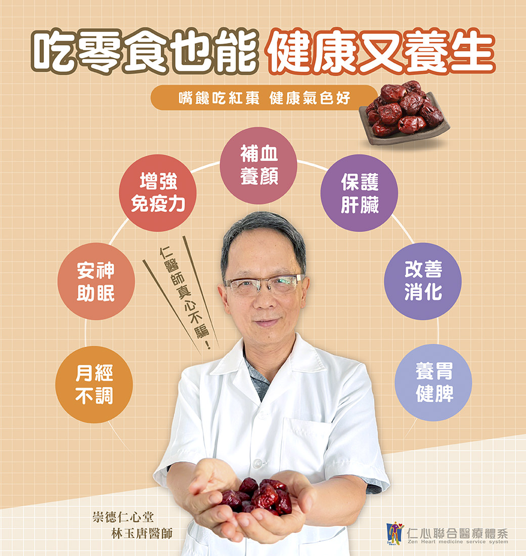 吃红枣是一种健康又养生的零食选择，具有多重益处。红枣能补血养颜，增强免疫力，改善消化，保护肝脏，养胃健脾，还能调节月经不调，帮助安神助眠。它不仅营养丰富，还能让健康气色变得更好，成为日常生活中方便又实用的健康食品。林玉唐医师提醒，选择合适的红枣食用量，让身体受益，提升整体健康状况。