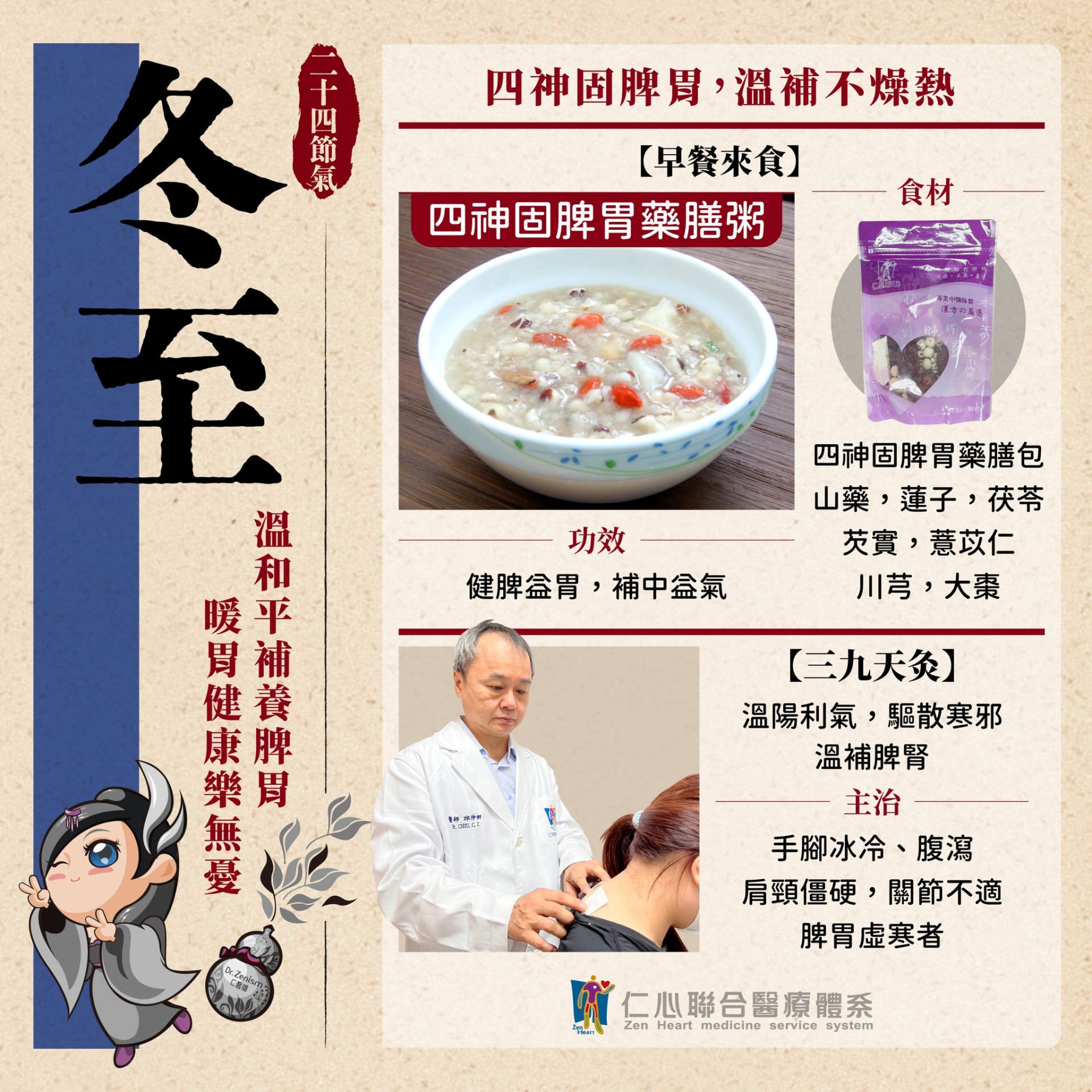 这张图片介绍冬至节气的养生重点，推荐食用四神固脾胃药膳粥（含山药、莲子、茯苓、芡实等）以健脾益胃、补中益气，并介绍「三九天灸」疗法，透过温阳驱寒、温补脾肾来改善手脚冰冷、腹泻、肩颈僵硬及虚寒体质等问题，达到温和平补、暖胃健脾的效果。