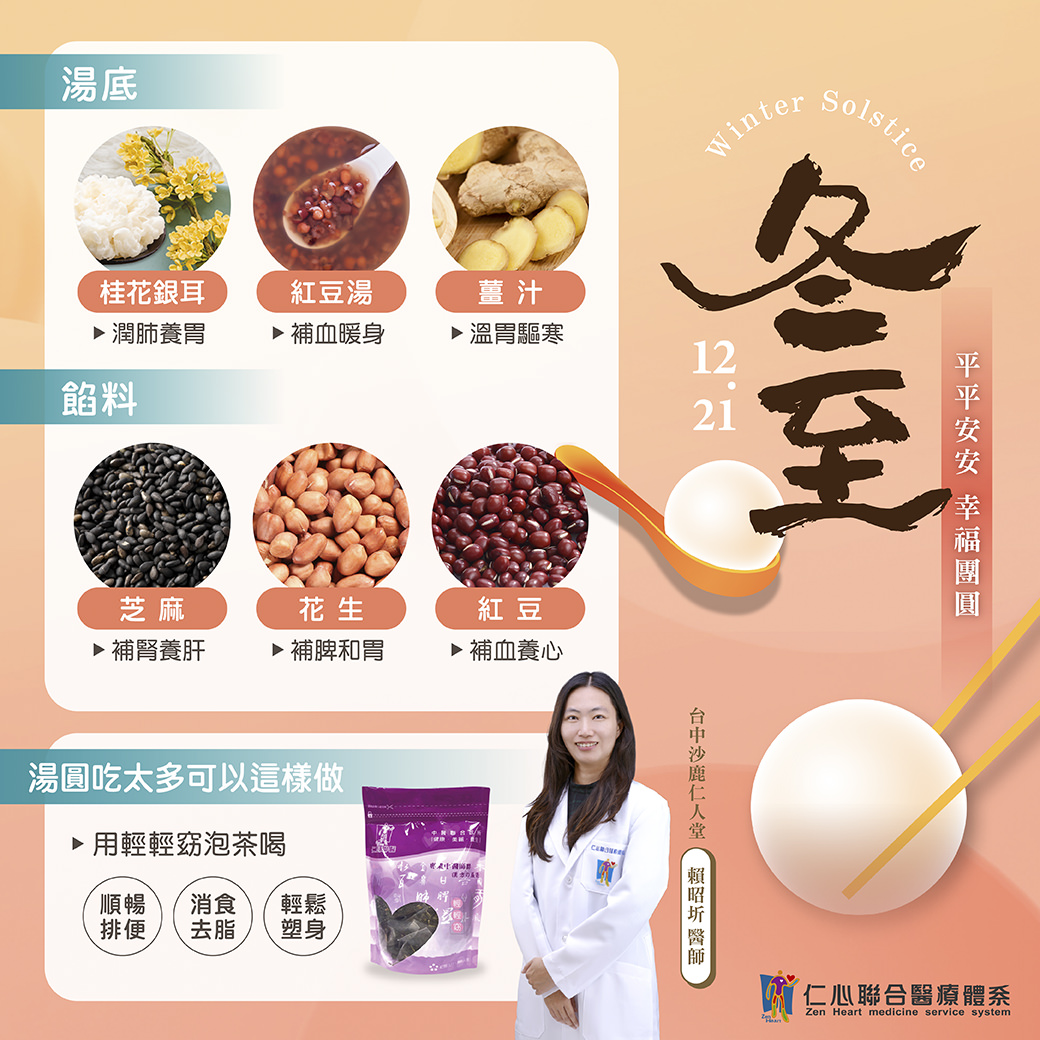 医生展示冬至养生的食材和汤圆，介绍如何利用桂花银耳汤、红豆汤等食材来补肾养心、温补暖身，并推荐食用汤圆增强体质。