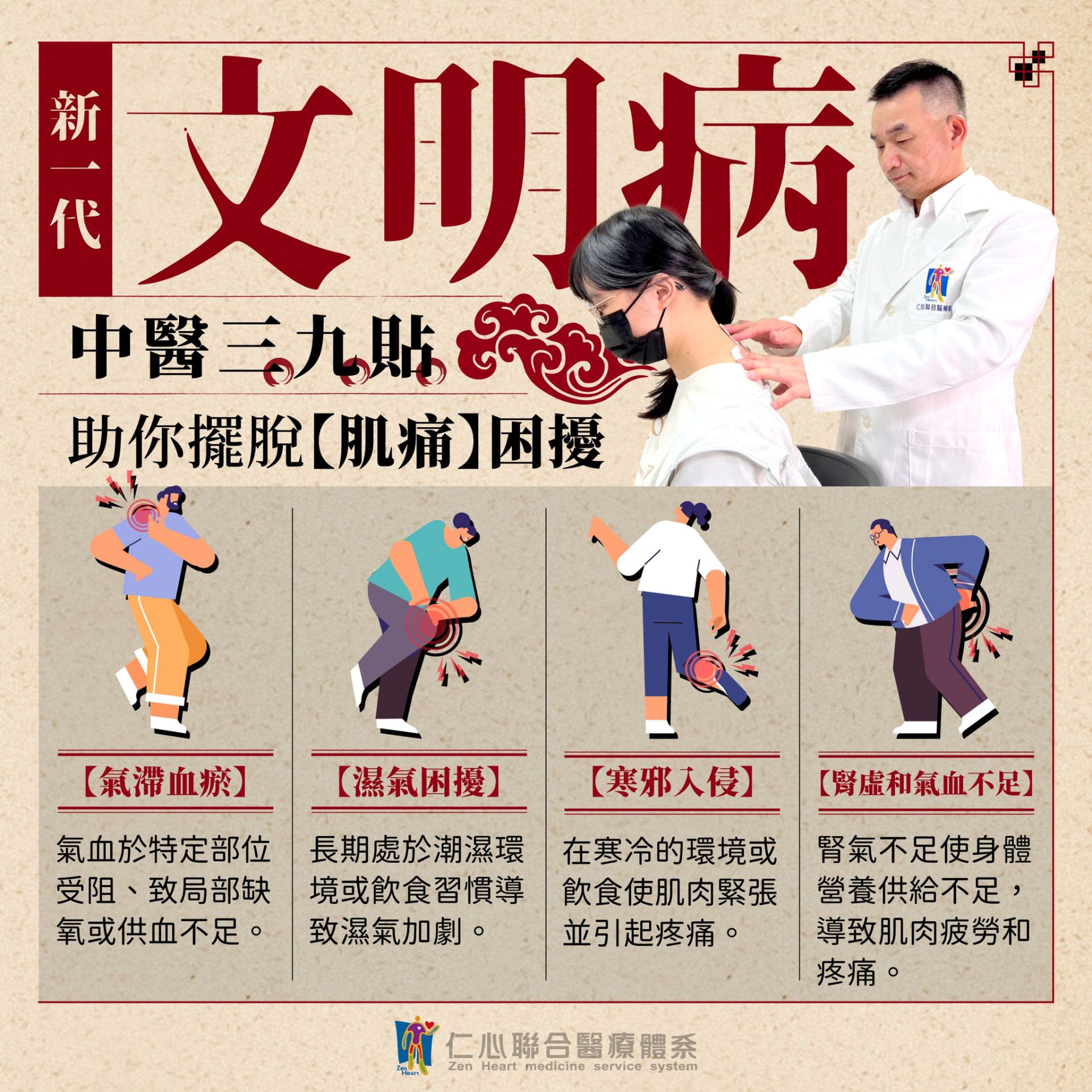 新一代文明病如肌肉酸痛和僵硬，常由气滞血瘀、湿气困扰、寒邪入侵以及肾虚和气血不足等问题引起，中医三九贴通过调理气血、祛湿驱寒以及补益肾气，能有效改善因现代生活方式而引发的身体不适，帮助摆脱肌痛困扰，恢复身体健康与活力。