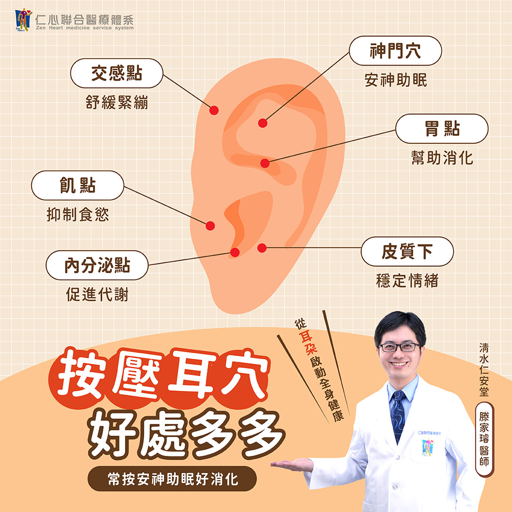 按压耳穴可同时达到舒压、助眠、消化与代谢调理的效果，关键穴位包括交感点、神门穴、胃点、饥点、内分泌点及皮质下。此方法有助释放压力、改善睡眠品质、抑制过度食欲、促进新陈代谢并稳定情绪，适合忙碌现代人日常自我保健，从耳朵启动全身健康循环，简单易行且安全。