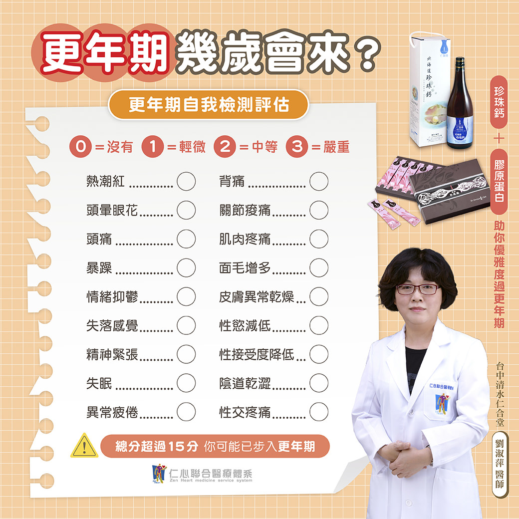 醫師提供更年期自我檢測評估表，包含熱潮紅、頭暈、情緒抑鬱、失眠、皮膚乾燥、性慾減低等症狀，並介紹珍珠鈣與膠原蛋白有助優雅度過更年期，提醒若總分超過15分即可能進入更年期，及早保養改善健康狀態。